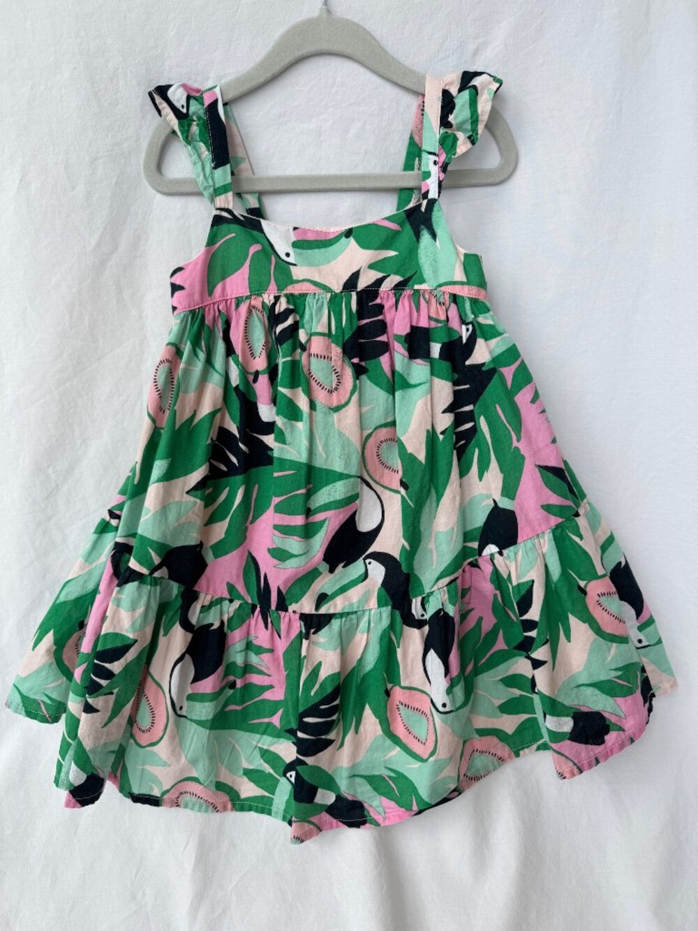 Janie & Jack Tropical Toucan Tiered Dress Girls Size 4 Pink Green Cotton